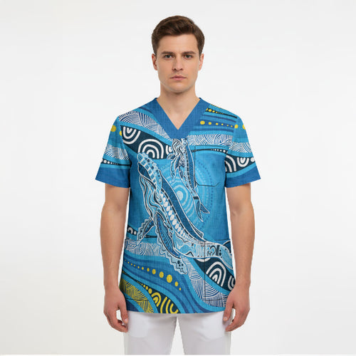 Aboriginal Ocean Whale Scrub Top Dot Art Dreamtime Style