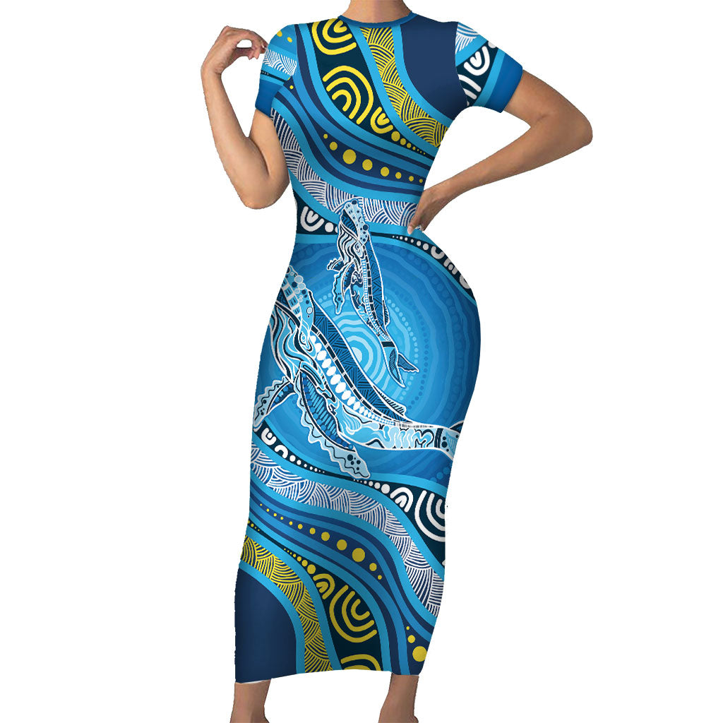 Aboriginal Ocean Whale Short Sleeve Bodycon Dress Dot Art Dreamtime Style