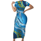 Aboriginal Ocean Whale Short Sleeve Bodycon Dress Dot Art Dreamtime Style