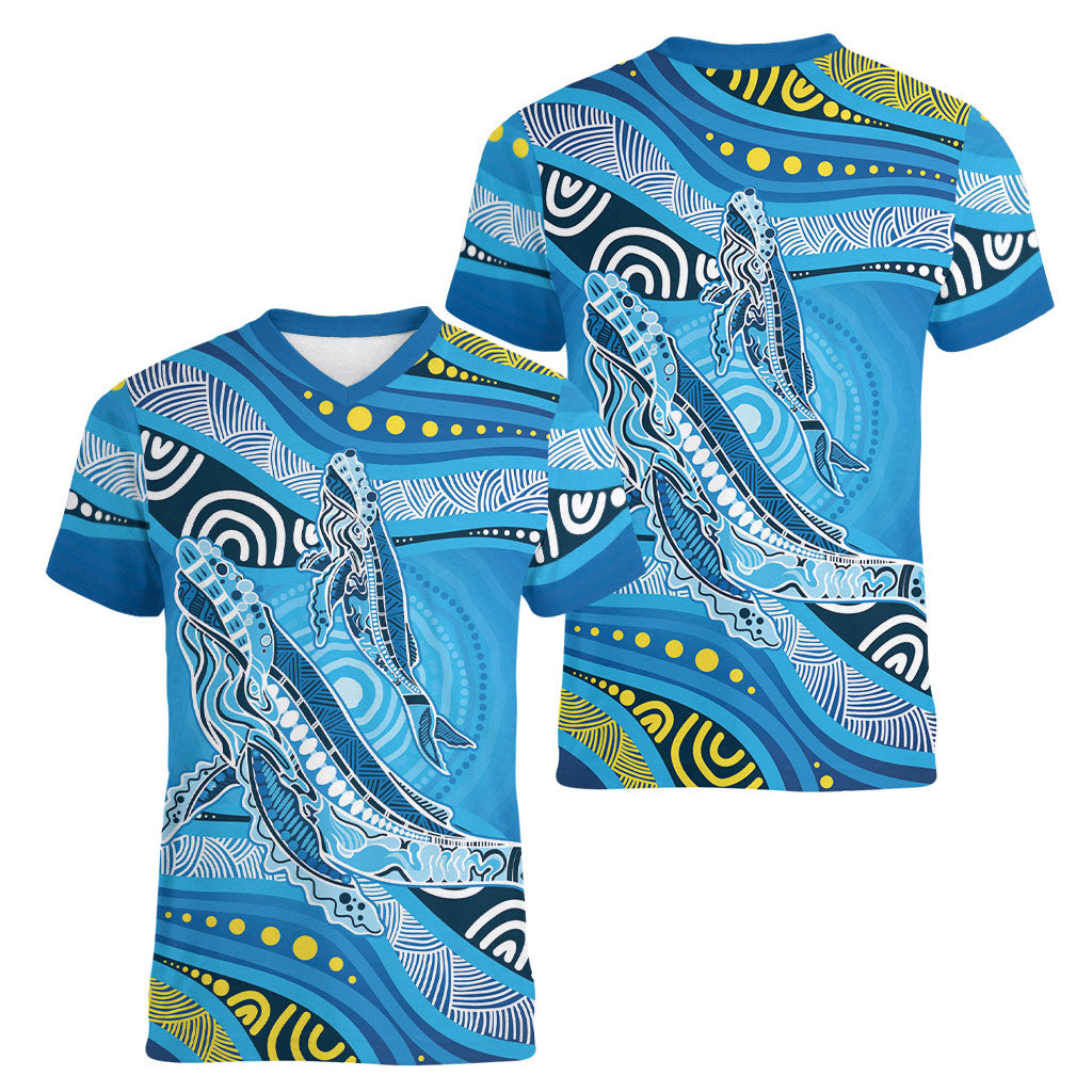 Aboriginal Ocean Whale Women V-Neck T-Shirt Dot Art Dreamtime Style