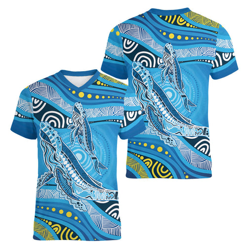 Aboriginal Ocean Whale Women V-Neck T-Shirt Dot Art Dreamtime Style
