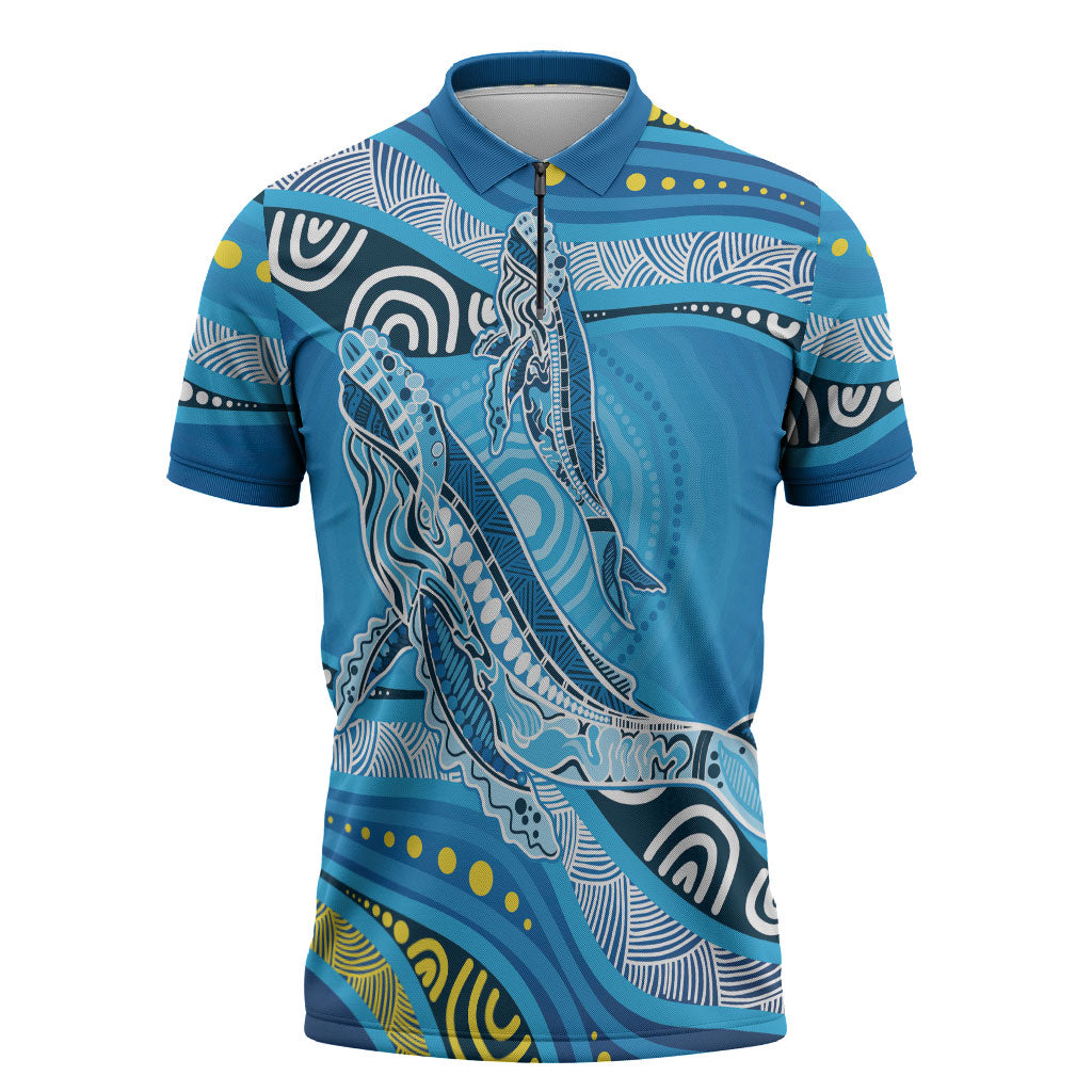 Aboriginal Ocean Whale Zipper Polo Shirt Dot Art Dreamtime Style