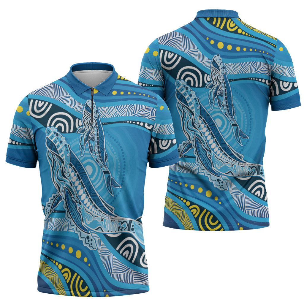 Aboriginal Ocean Whale Zipper Polo Shirt Dot Art Dreamtime Style