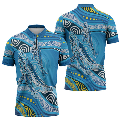 Aboriginal Ocean Whale Zipper Polo Shirt Dot Art Dreamtime Style