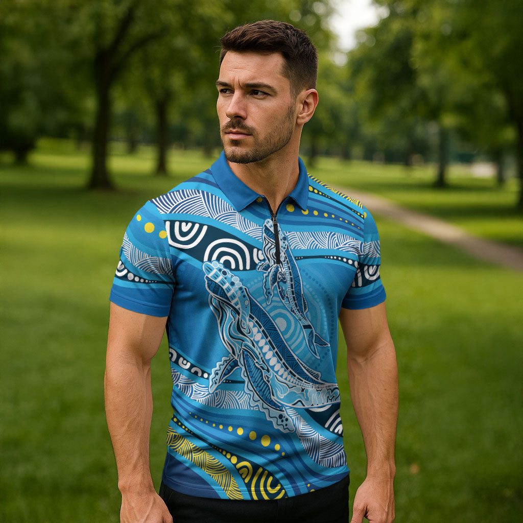 Aboriginal Ocean Whale Zipper Polo Shirt Dot Art Dreamtime Style