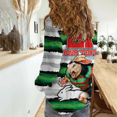 Custom Rabbitohs Mascot Rugby Women Casual Shirt The Souths Go Champions LT9