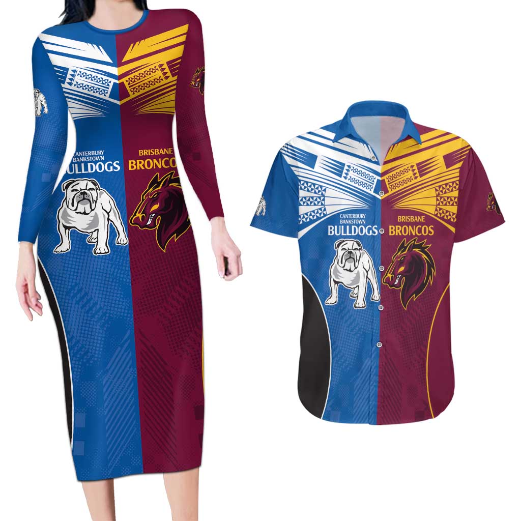 Custom Broncos-Bulldogs Couples Matching Long Sleeve Bodycon Dress and Hawaiian Shirt NRL Tribal Half Style