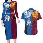 Custom Broncos-Bulldogs Couples Matching Long Sleeve Bodycon Dress and Hawaiian Shirt NRL Tribal Half Style