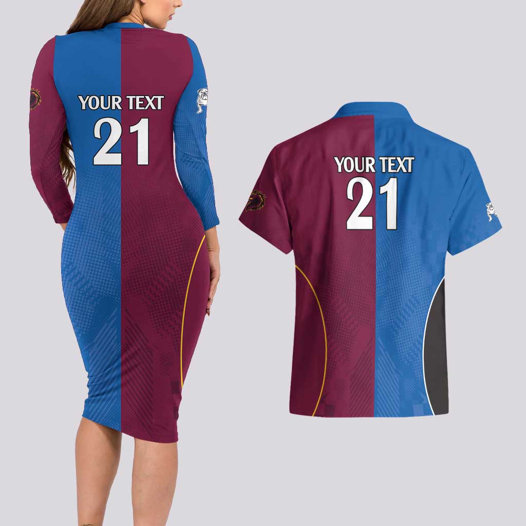 Custom Broncos-Bulldogs Couples Matching Long Sleeve Bodycon Dress and Hawaiian Shirt NRL Tribal Half Style