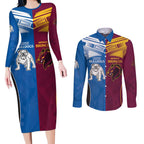 Custom Broncos-Bulldogs Couples Matching Long Sleeve Bodycon Dress and Long Sleeve Button Shirt NRL Tribal Half Style