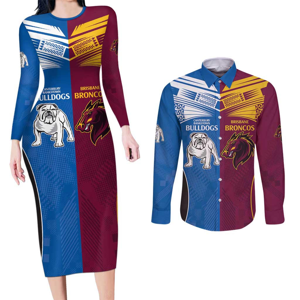 Custom Broncos-Bulldogs Couples Matching Long Sleeve Bodycon Dress and Long Sleeve Button Shirt NRL Tribal Half Style