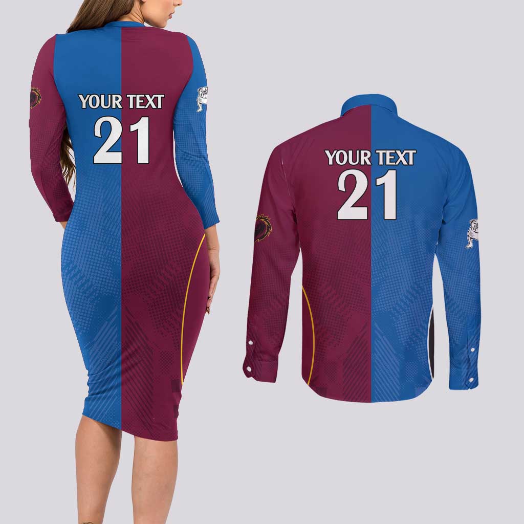 Custom Broncos-Bulldogs Couples Matching Long Sleeve Bodycon Dress and Long Sleeve Button Shirt NRL Tribal Half Style