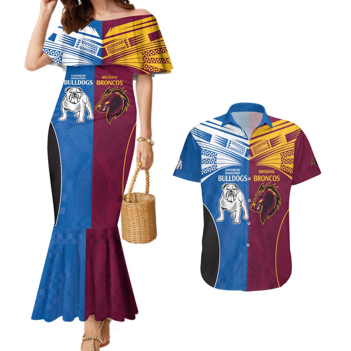 Custom Broncos-Bulldogs Couples Matching Mermaid Dress and Hawaiian Shirt NRL Tribal Half Style