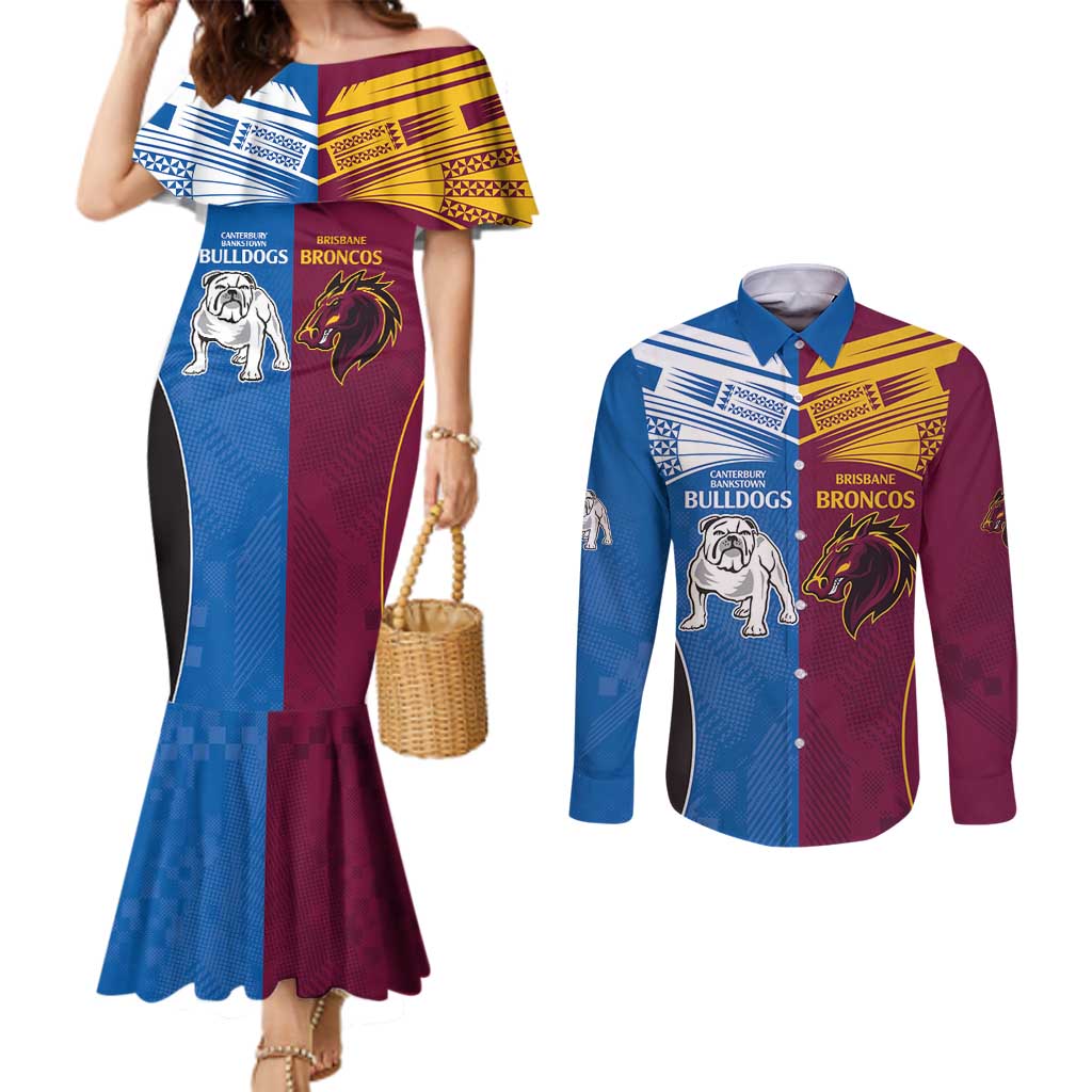 Custom Broncos-Bulldogs Couples Matching Mermaid Dress and Long Sleeve Button Shirt NRL Tribal Half Style