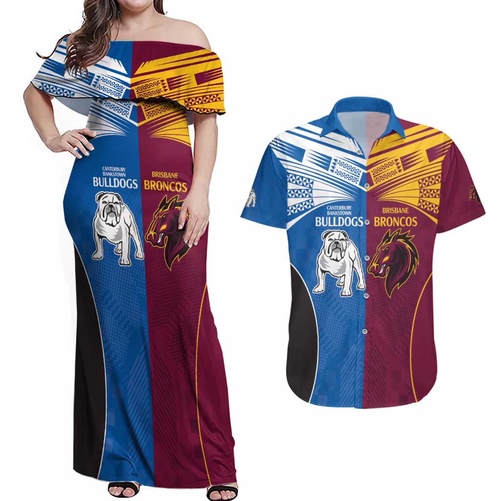 Custom Broncos-Bulldogs Couples Matching Off Shoulder Maxi Dress and Hawaiian Shirt NRL Tribal Half Style