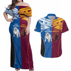 Custom Broncos-Bulldogs Couples Matching Off Shoulder Maxi Dress and Hawaiian Shirt NRL Tribal Half Style