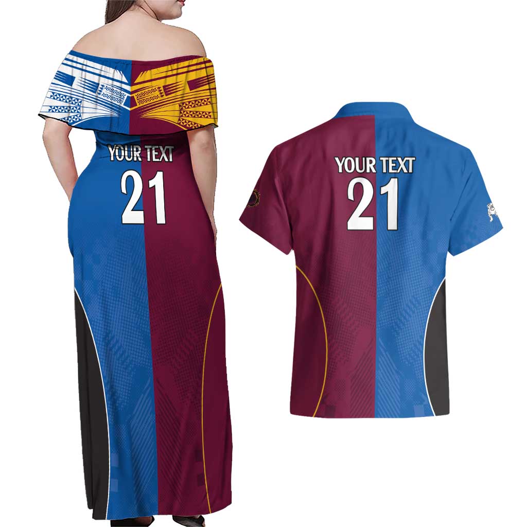 Custom Broncos-Bulldogs Couples Matching Off Shoulder Maxi Dress and Hawaiian Shirt NRL Tribal Half Style