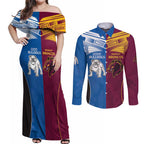 Custom Broncos-Bulldogs Couples Matching Off Shoulder Maxi Dress and Long Sleeve Button Shirt NRL Tribal Half Style