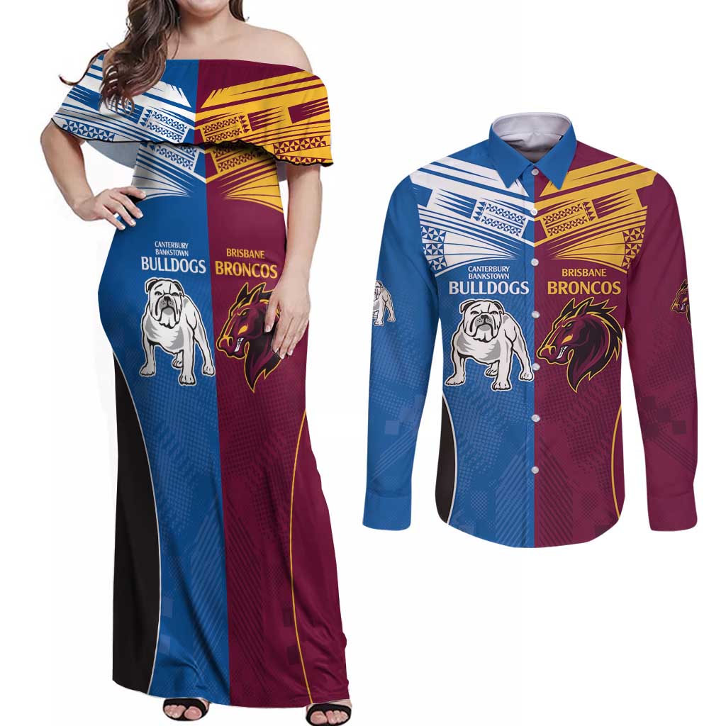 Custom Broncos-Bulldogs Couples Matching Off Shoulder Maxi Dress and Long Sleeve Button Shirt NRL Tribal Half Style