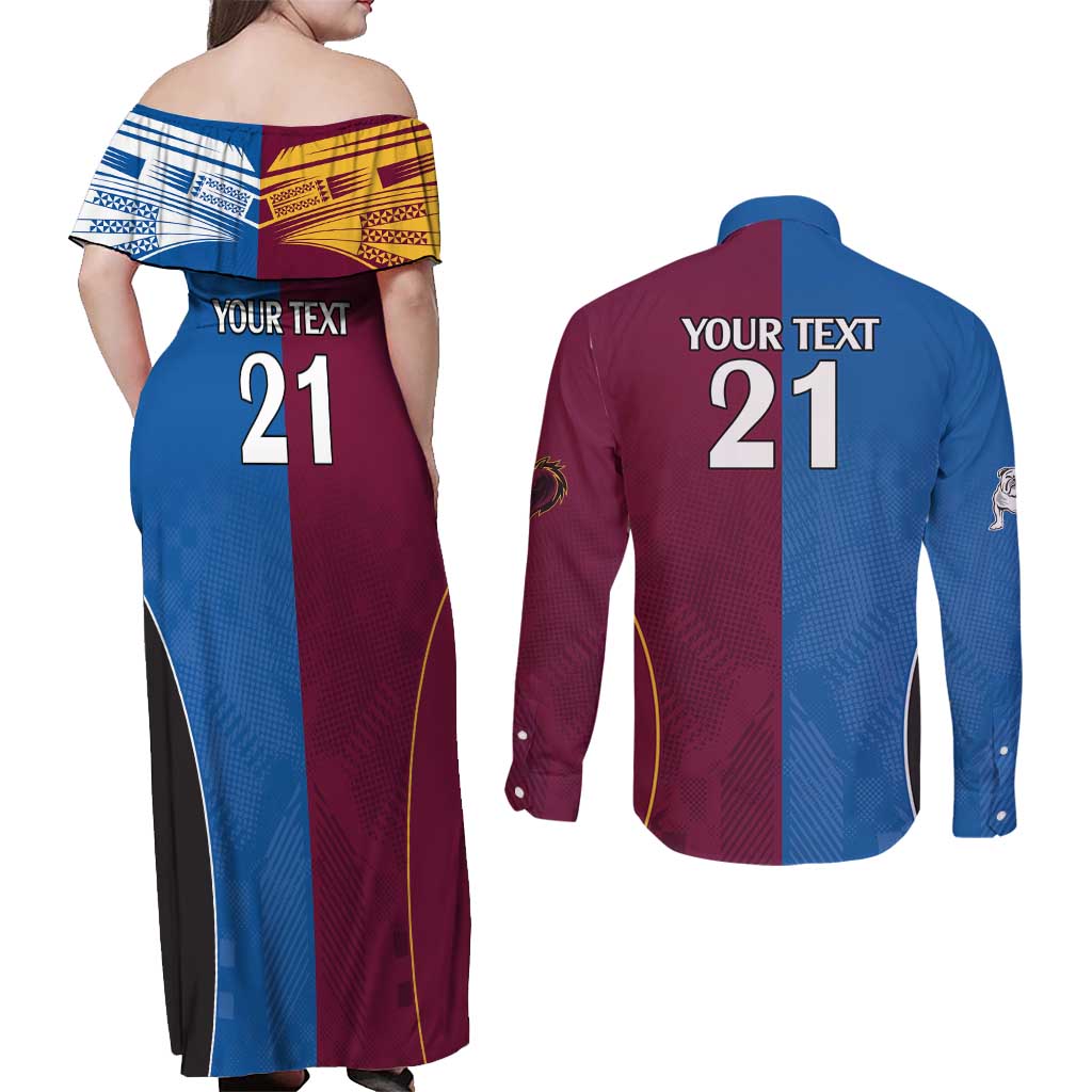 Custom Broncos-Bulldogs Couples Matching Off Shoulder Maxi Dress and Long Sleeve Button Shirt NRL Tribal Half Style