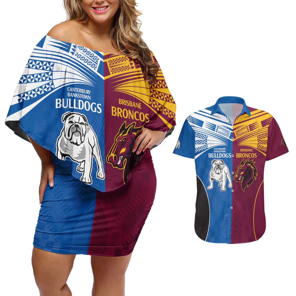 Custom Broncos-Bulldogs Couples Matching Off Shoulder Short Dress and Hawaiian Shirt NRL Tribal Half Style