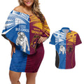 Custom Broncos-Bulldogs Couples Matching Off Shoulder Short Dress and Hawaiian Shirt NRL Tribal Half Style
