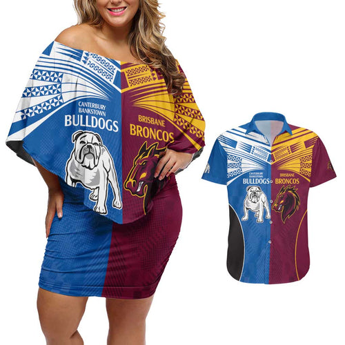 Custom Broncos-Bulldogs Couples Matching Off Shoulder Short Dress and Hawaiian Shirt NRL Tribal Half Style