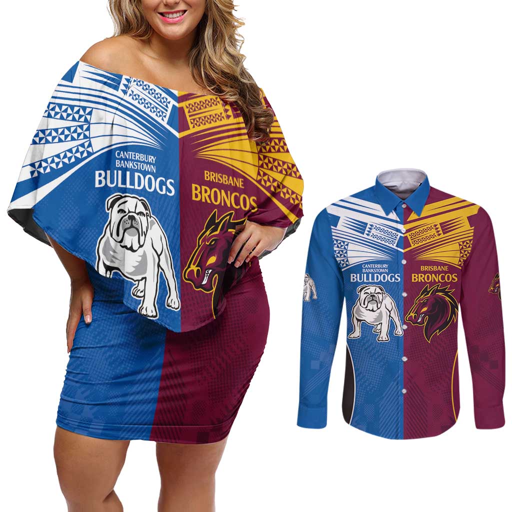 Custom Broncos-Bulldogs Couples Matching Off Shoulder Short Dress and Long Sleeve Button Shirt NRL Tribal Half Style