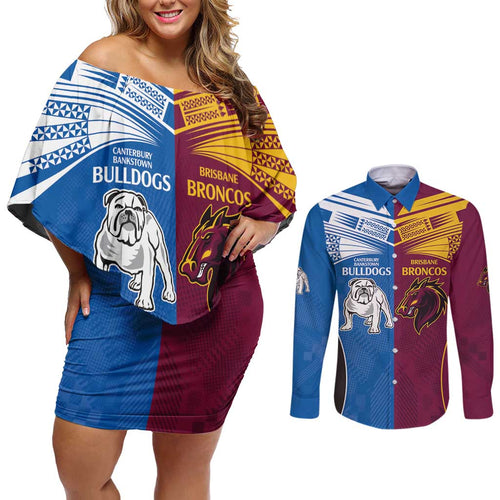 Custom Broncos-Bulldogs Couples Matching Off Shoulder Short Dress and Long Sleeve Button Shirt NRL Tribal Half Style