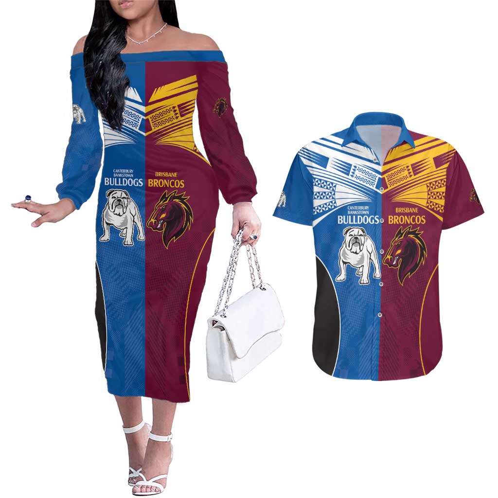 Custom Broncos-Bulldogs Couples Matching Off The Shoulder Long Sleeve Dress and Hawaiian Shirt NRL Tribal Half Style