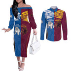 Custom Broncos-Bulldogs Couples Matching Off The Shoulder Long Sleeve Dress and Long Sleeve Button Shirt NRL Tribal Half Style