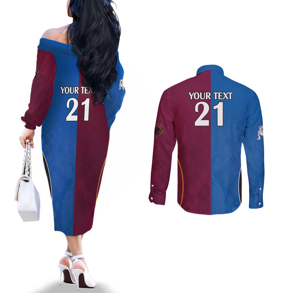 Custom Broncos-Bulldogs Couples Matching Off The Shoulder Long Sleeve Dress and Long Sleeve Button Shirt NRL Tribal Half Style