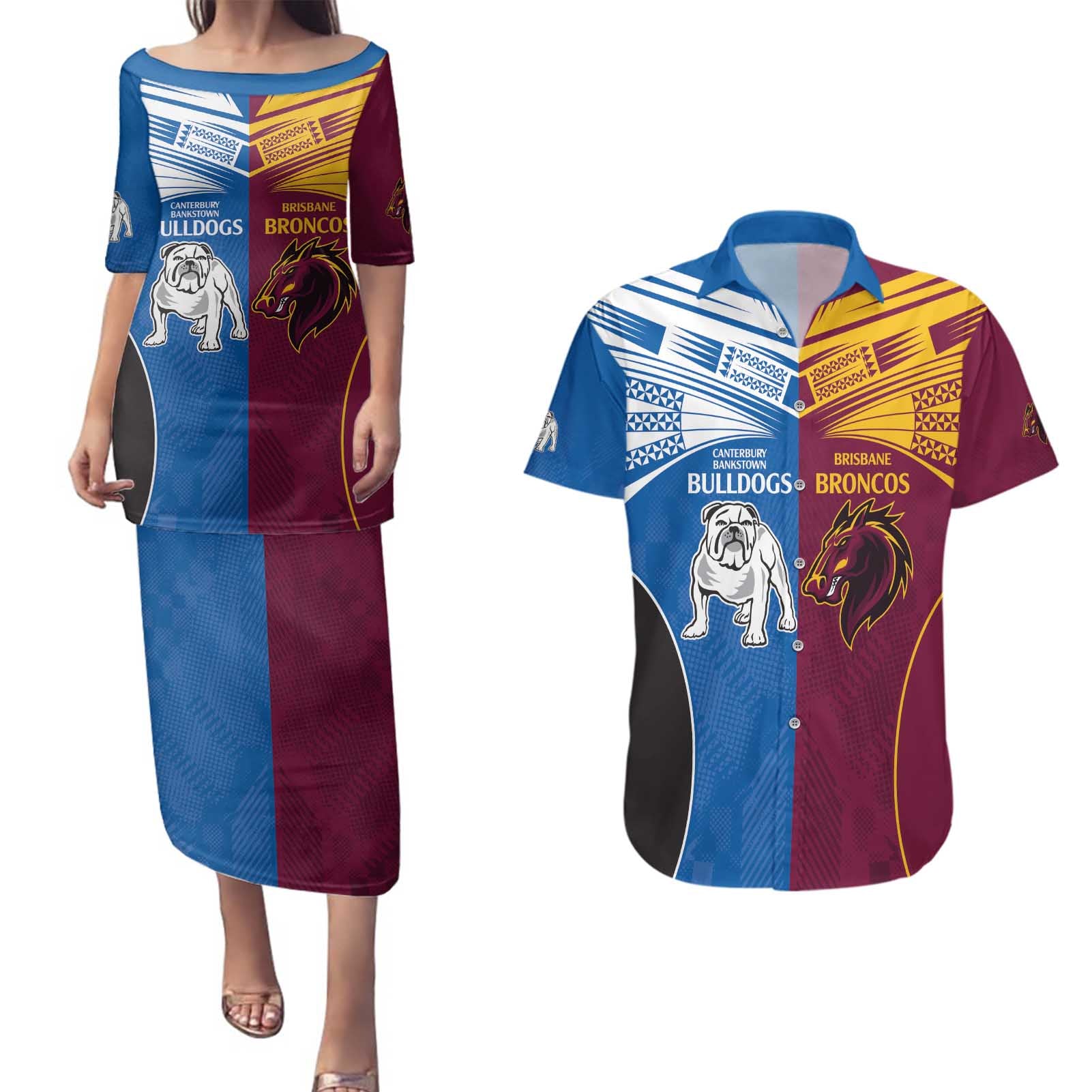 Custom Broncos-Bulldogs Couples Matching Puletasi and Hawaiian Shirt NRL Tribal Half Style