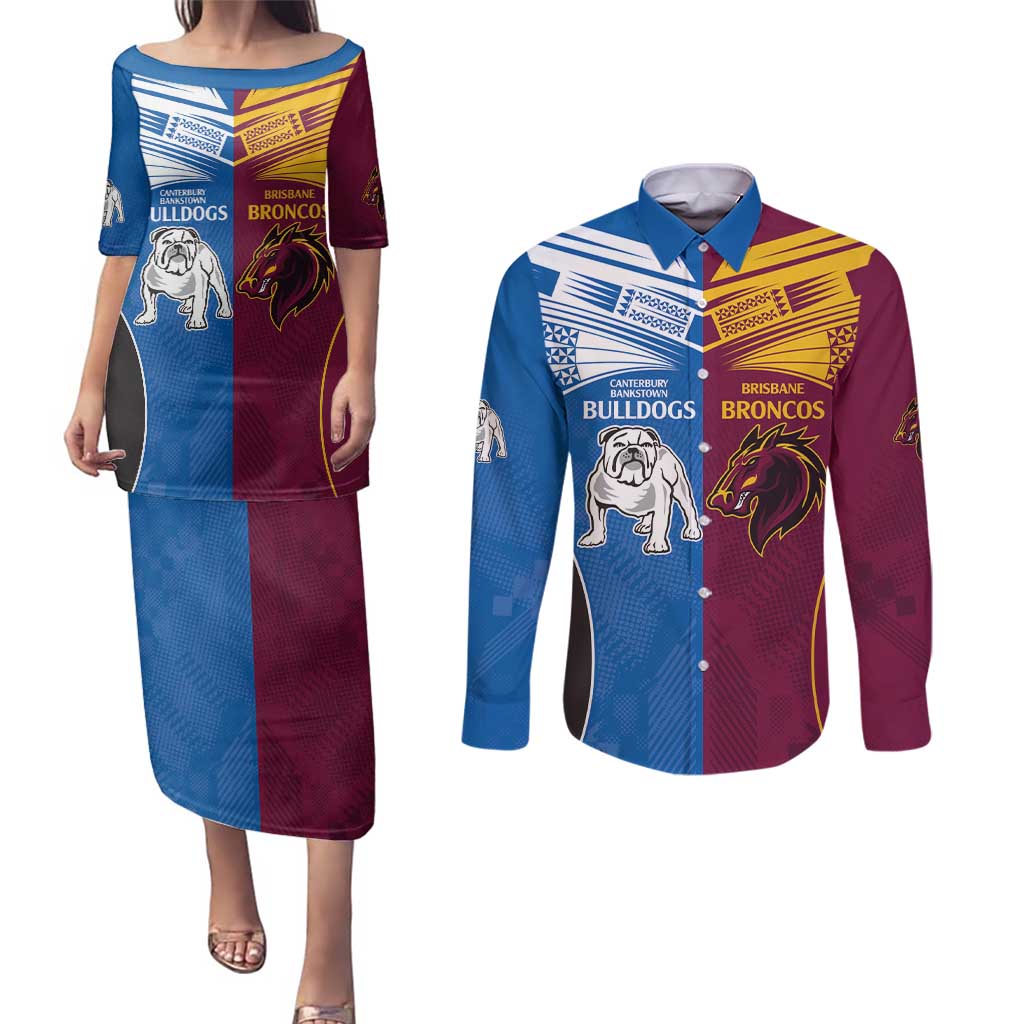 Custom Broncos-Bulldogs Couples Matching Puletasi and Long Sleeve Button Shirt NRL Tribal Half Style
