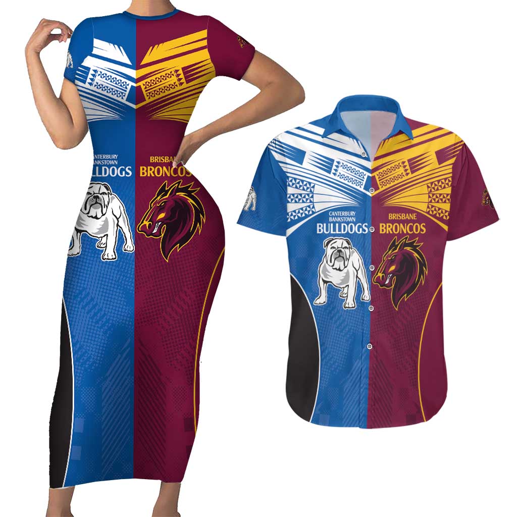 Custom Broncos-Bulldogs Couples Matching Short Sleeve Bodycon Dress and Hawaiian Shirt NRL Tribal Half Style
