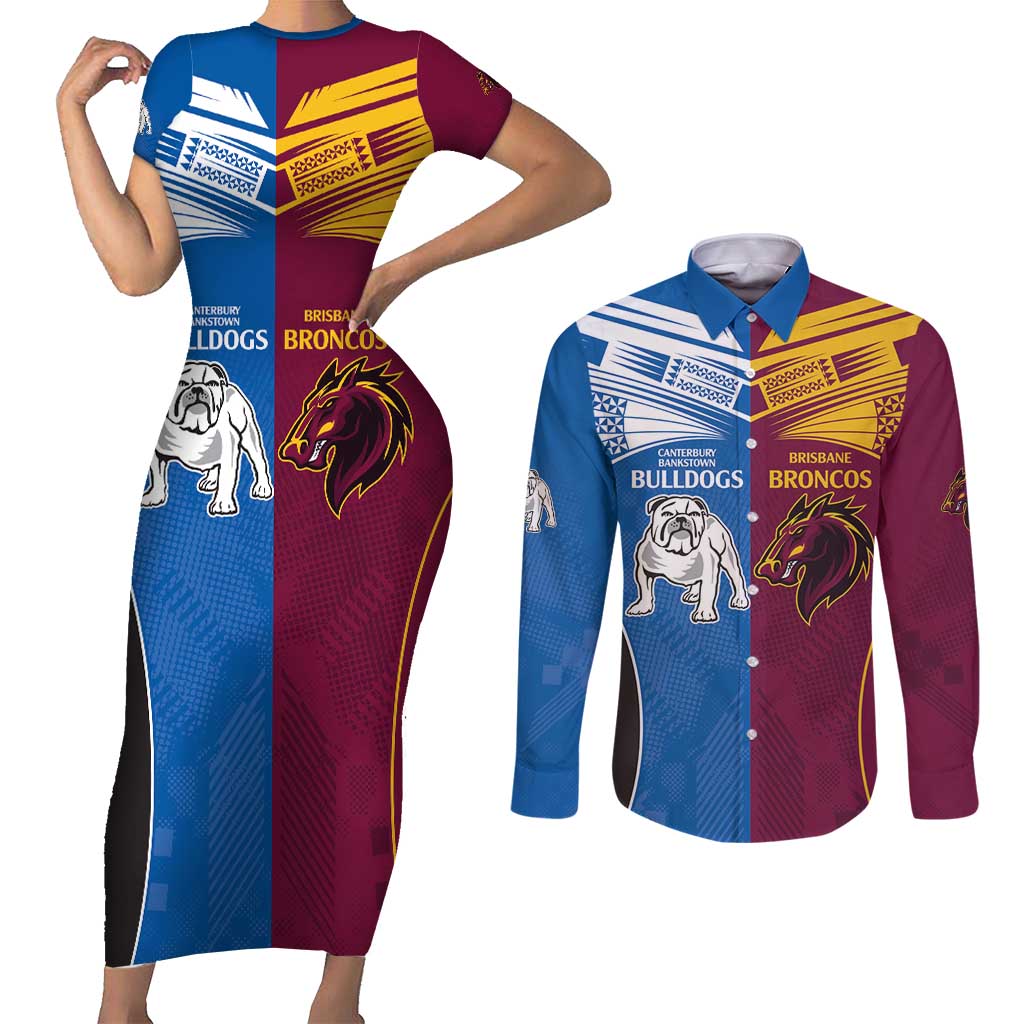 Custom Broncos-Bulldogs Couples Matching Short Sleeve Bodycon Dress and Long Sleeve Button Shirt NRL Tribal Half Style