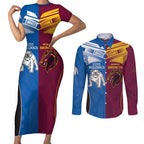 Custom Broncos-Bulldogs Couples Matching Short Sleeve Bodycon Dress and Long Sleeve Button Shirt NRL Tribal Half Style