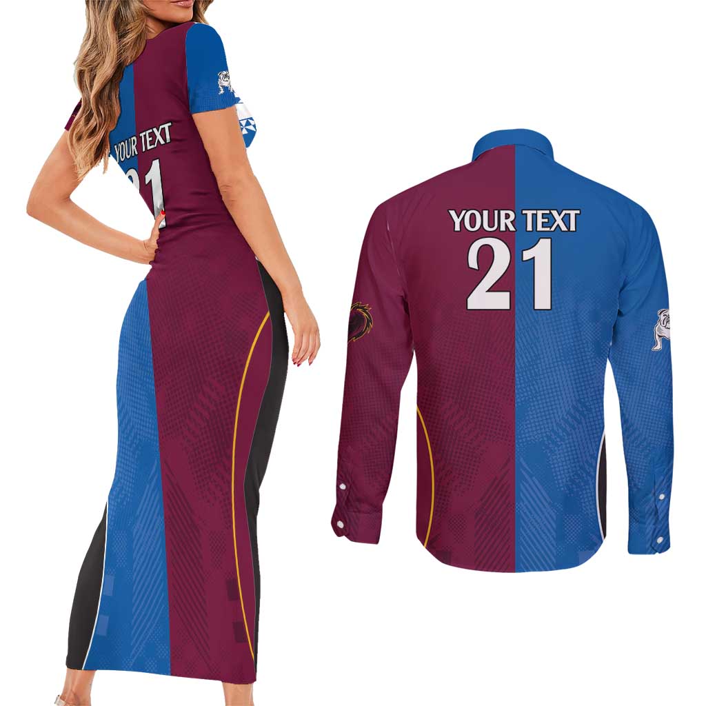 Custom Broncos-Bulldogs Couples Matching Short Sleeve Bodycon Dress and Long Sleeve Button Shirt NRL Tribal Half Style