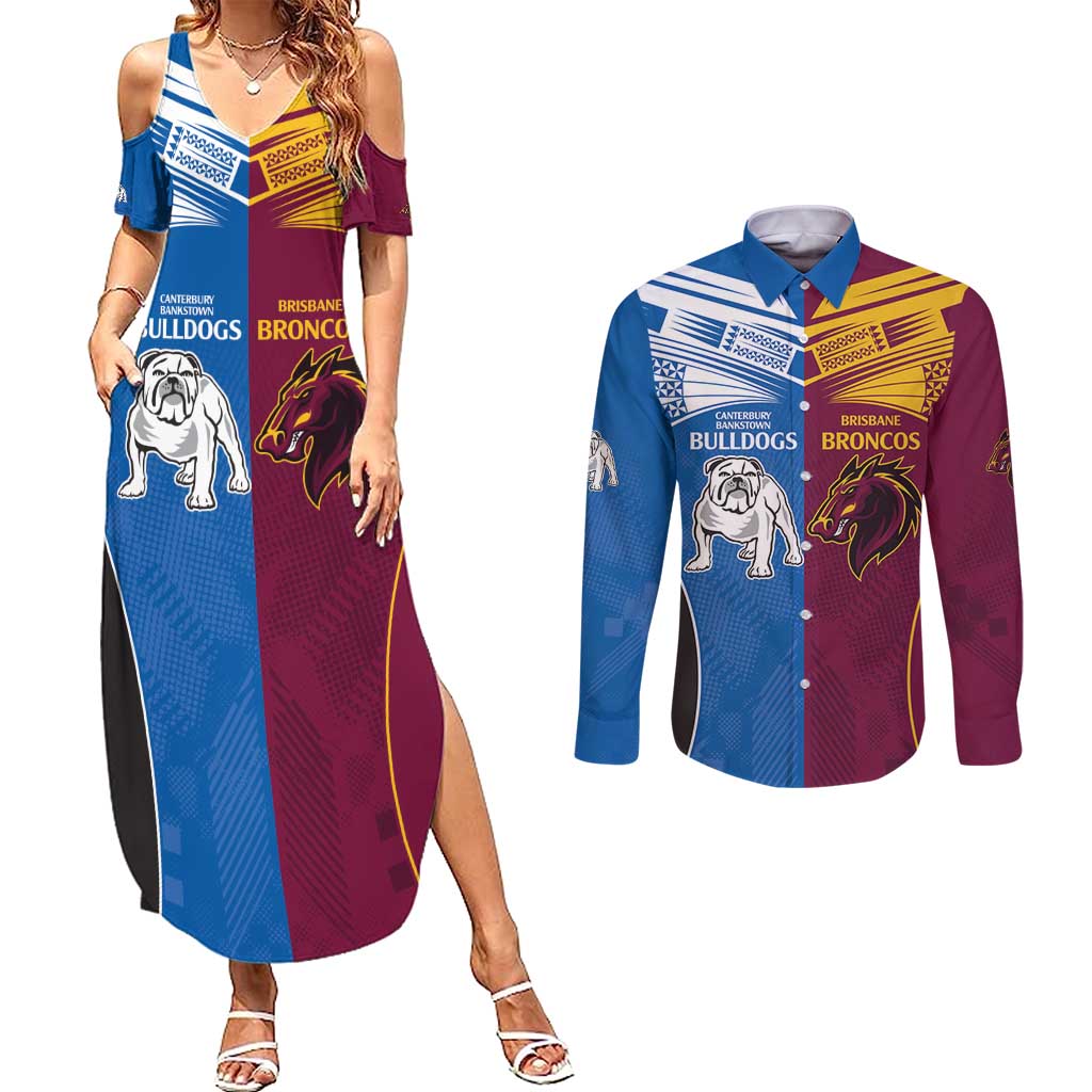 Custom Broncos-Bulldogs Couples Matching Summer Maxi Dress and Long Sleeve Button Shirt NRL Tribal Half Style