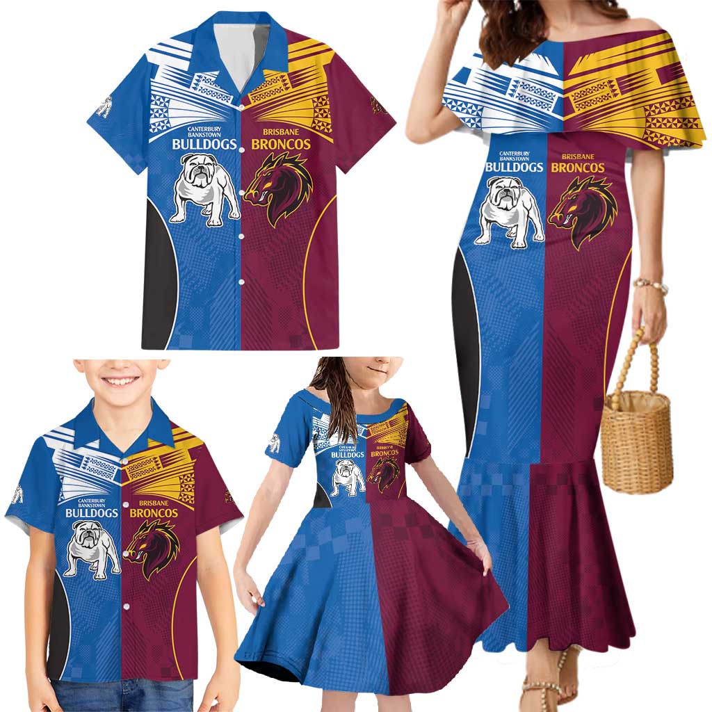 Custom Broncos-Bulldogs Family Matching Mermaid Dress and Hawaiian Shirt NRL Tribal Half Style