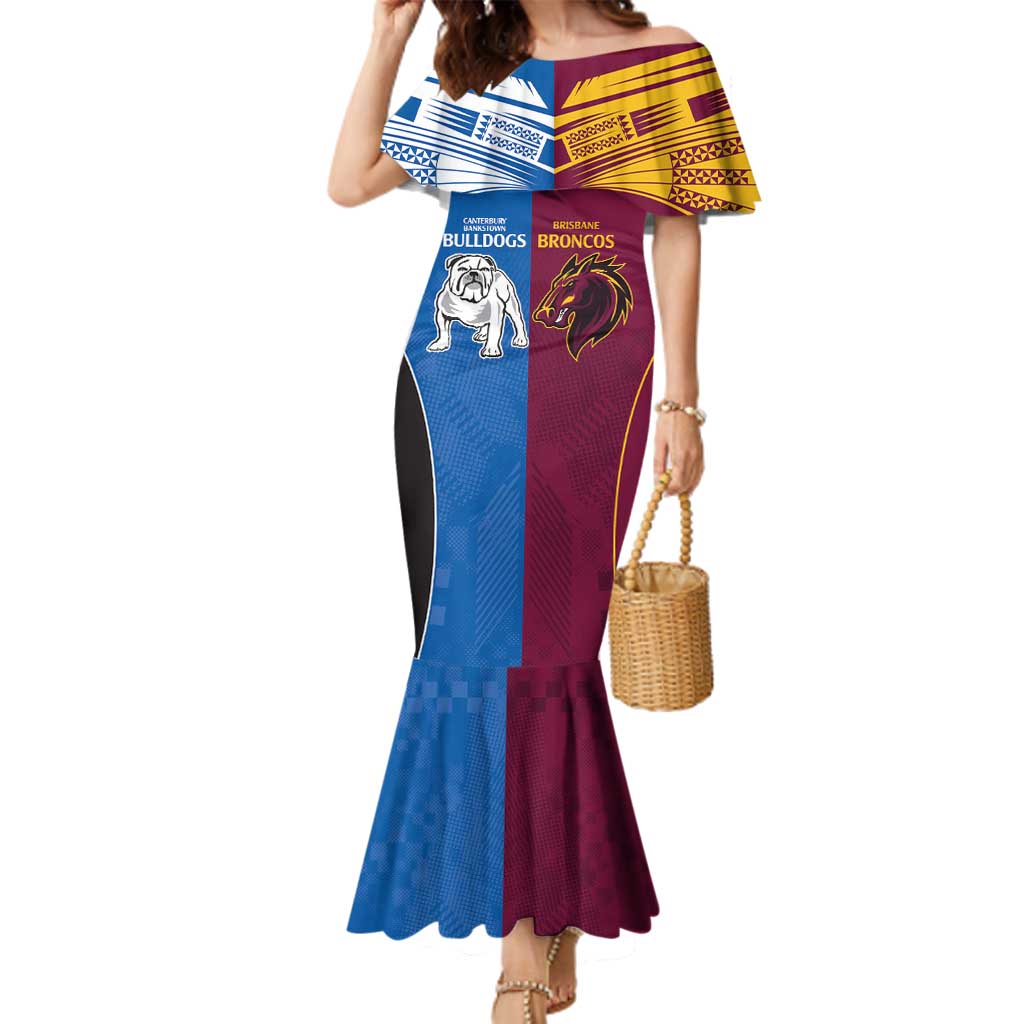Custom Broncos-Bulldogs Family Matching Mermaid Dress and Hawaiian Shirt NRL Tribal Half Style