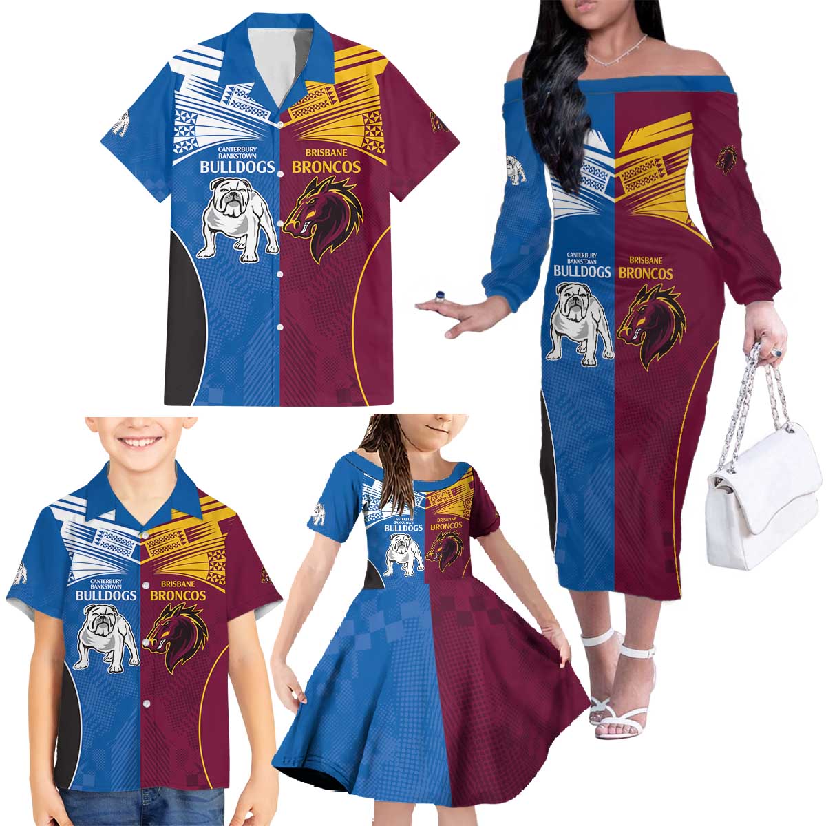 Custom Broncos-Bulldogs Family Matching Off The Shoulder Long Sleeve Dress and Hawaiian Shirt NRL Tribal Half Style