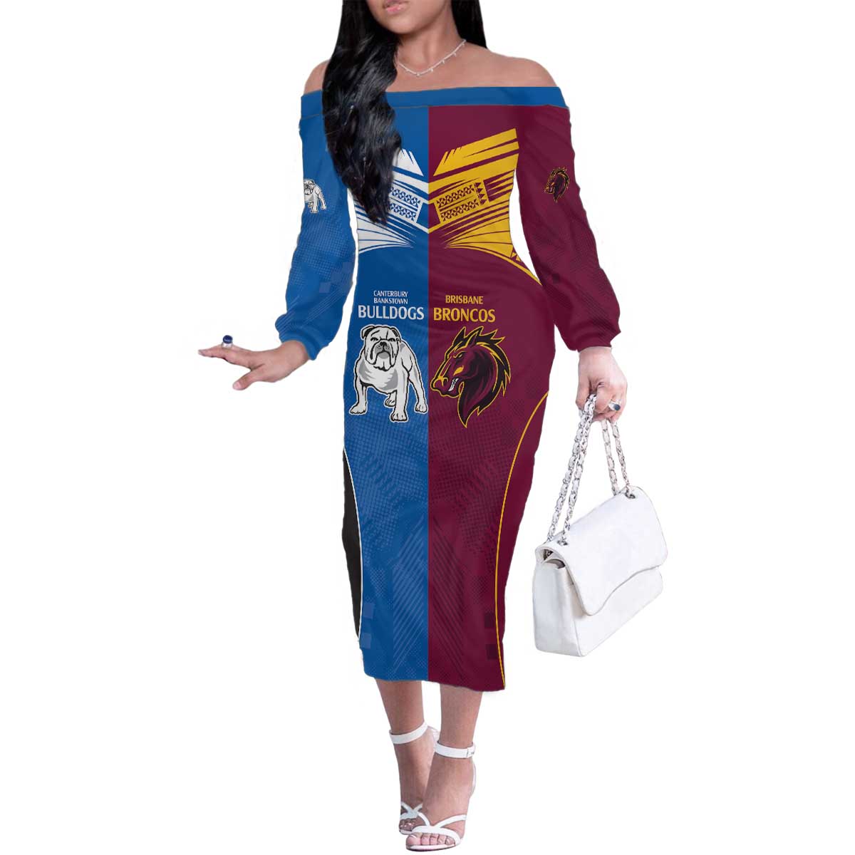 Custom Broncos-Bulldogs Family Matching Off The Shoulder Long Sleeve Dress and Hawaiian Shirt NRL Tribal Half Style
