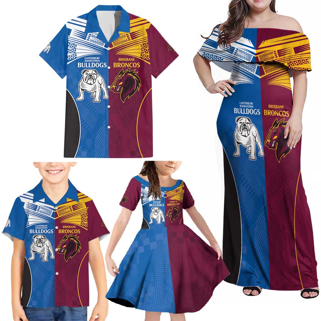Custom Broncos-Bulldogs Family Matching Off Shoulder Maxi Dress and Hawaiian Shirt NRL Tribal Half Style