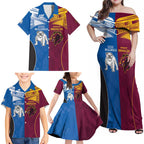 Custom Broncos-Bulldogs Family Matching Off Shoulder Maxi Dress and Hawaiian Shirt NRL Tribal Half Style