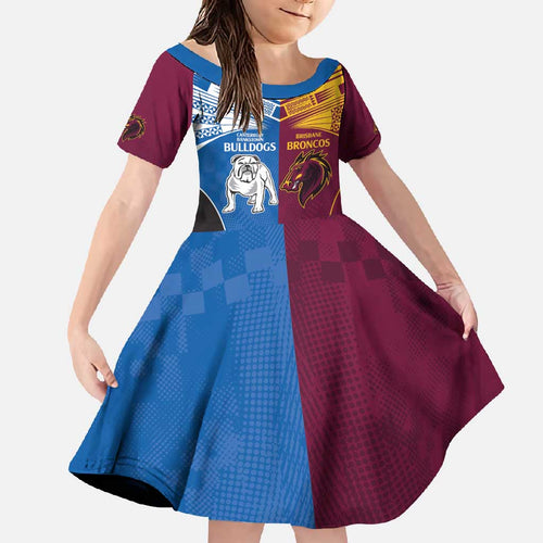 Custom Broncos-Bulldogs Family Matching Off Shoulder Maxi Dress and Hawaiian Shirt NRL Tribal Half Style
