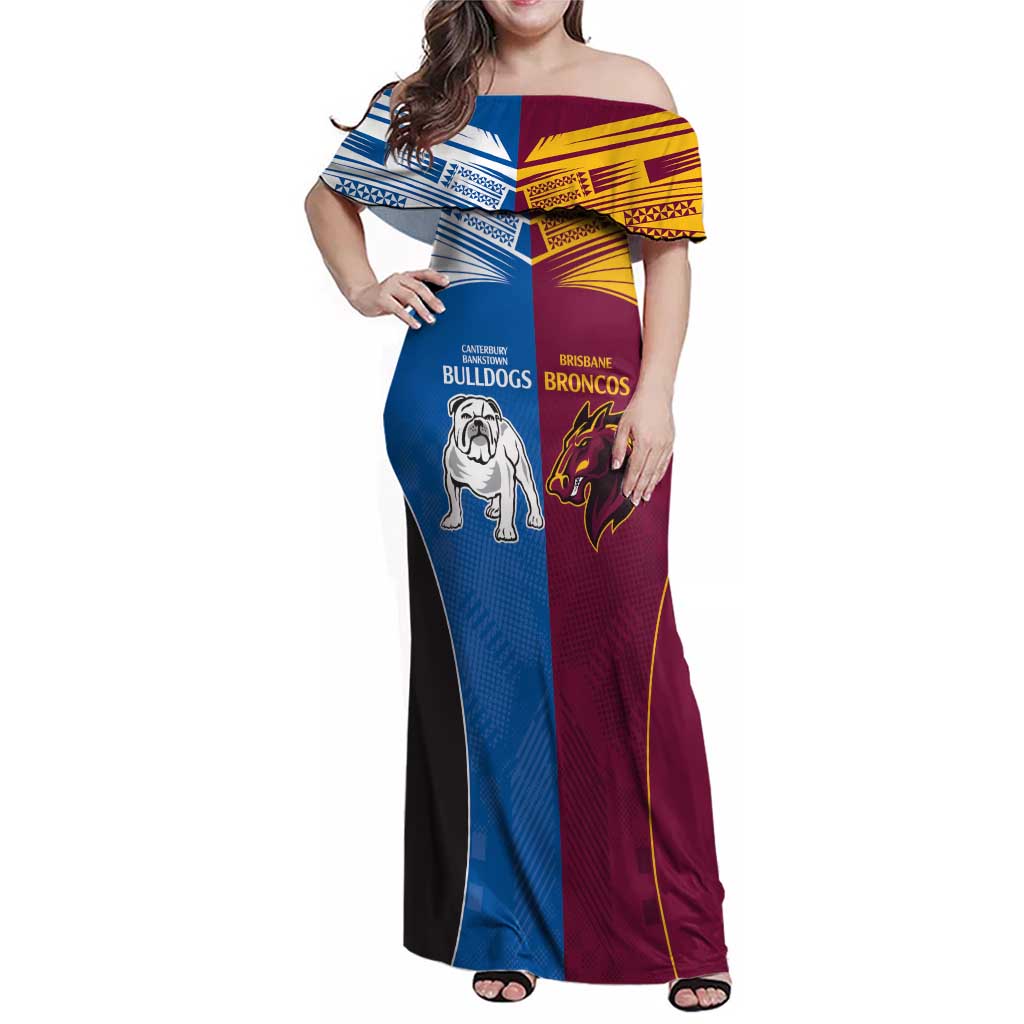 Custom Broncos-Bulldogs Family Matching Off Shoulder Maxi Dress and Hawaiian Shirt NRL Tribal Half Style