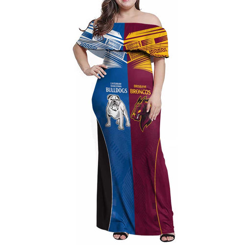 Custom Broncos-Bulldogs Family Matching Off Shoulder Maxi Dress and Hawaiian Shirt NRL Tribal Half Style