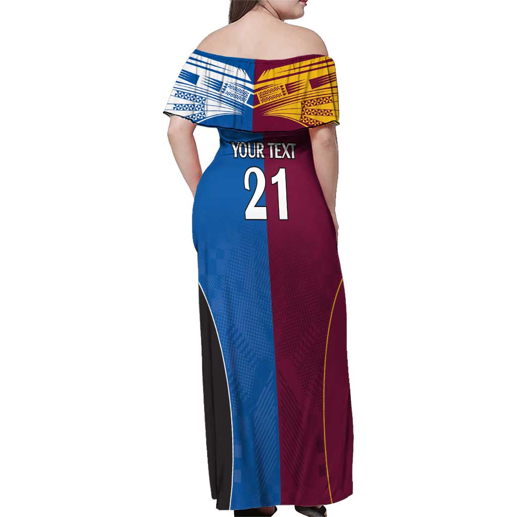 Custom Broncos-Bulldogs Family Matching Off Shoulder Maxi Dress and Hawaiian Shirt NRL Tribal Half Style
