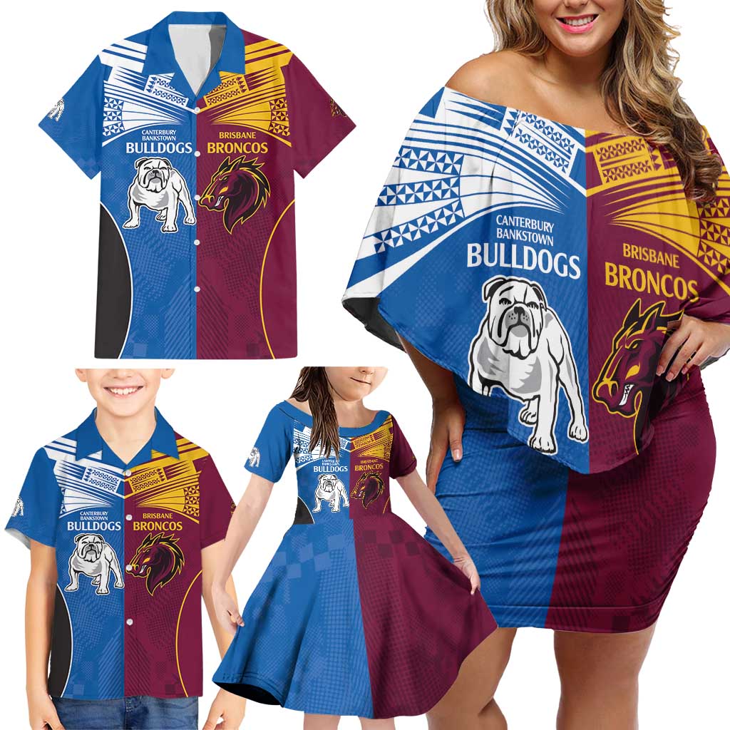 Custom Broncos-Bulldogs Family Matching Off Shoulder Short Dress and Hawaiian Shirt NRL Tribal Half Style